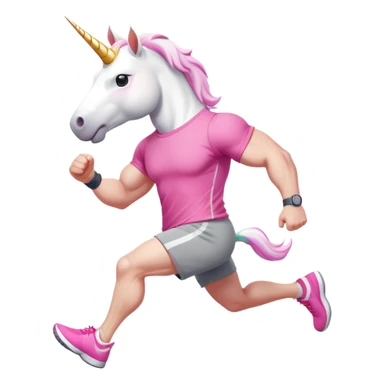 friendly anthropomorphised male white unicorn with a fit, chunky, muscular and strong physique, arms and legs matching the white of the head, in grey shorts and pink t-shirt, wearing dark sunglasses, jogging upright in a relaxed pose sticker