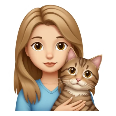 A girl holding a long-haired tabby cat and a tabby cat sticker