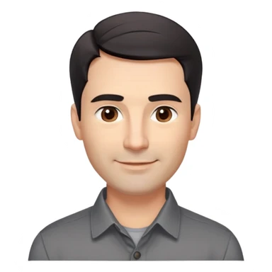 Professional-looking man in his 40s with wide square face, defined jawline, full cheeks, warm smile, medium brown eyes, prominent natural eyebrows, straight wide nose, slightly upturned lips, short fade haircut with dark almost black hair, wearing a gray button-up shirt sticker