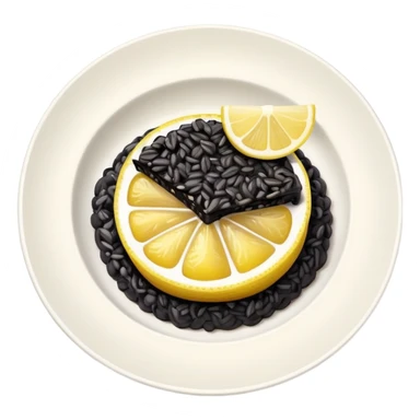 cinematic-realistic-black-risotto-dish,-showcasing-dramatic-lighting in a white plate with a single slice of grilled lemon on top sticker