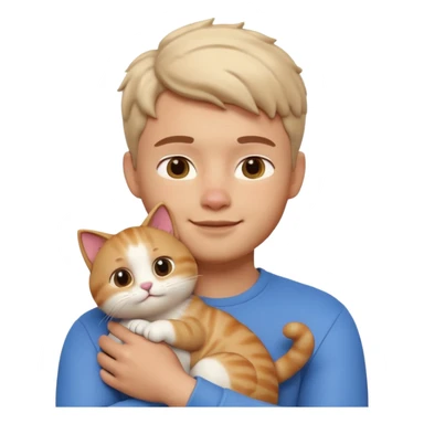 "Apple Memoji style 3D character, a young man person gently petting and hugging a cute fluffy cat, peaceful and happy facial expressions, soft studio lighting, clean 3D clay render, vibrant colors, minimalist aesthetic, high detail, high resolution, isolated on a plain white background." sticker