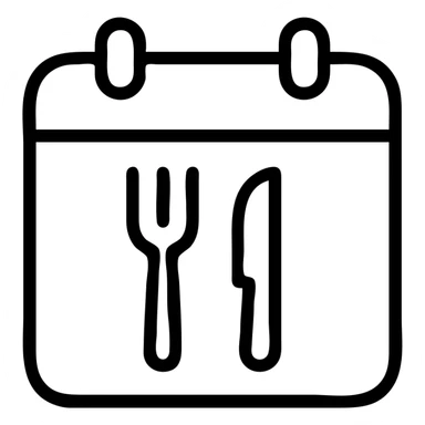 minimalistic bold black-and-white icon, square, flat, no gradients, calendar with a fork and knife in the lower half, clean geometric lines, modern, inspired by Netflix and Lifesum, vector style, suitable for dark and light mode sticker