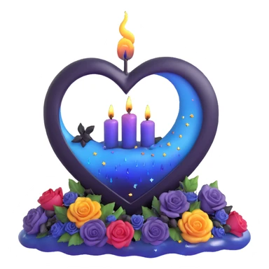 3D emoji gothic heart, midnight blue glass, silver crescent moon, tiny black roses, shimmering stardust, rainbow iridescent, dripping candle wax, misty night sky background sticker