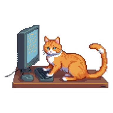 orange cat typing on desktop computer sticker