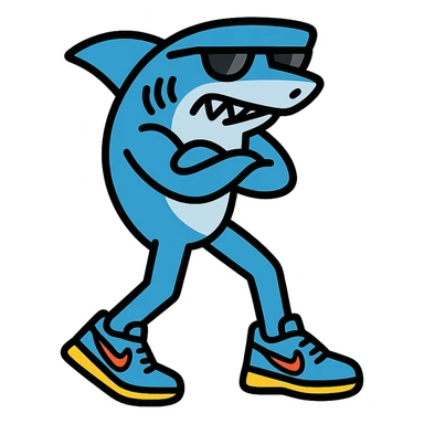 cool shark with legs striking a pose in blue Nike shoes outlined with bold color accents sticker
