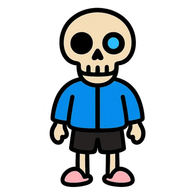 color outline icon of short skeleton with blue jacket, black basketball shorts, light pink slippers, blue glowing left eye sticker