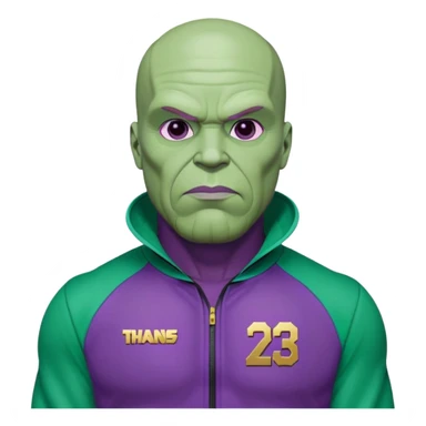 purple-skinned Thanos wearing a green Squid Game player tracksuit with number 230 sticker