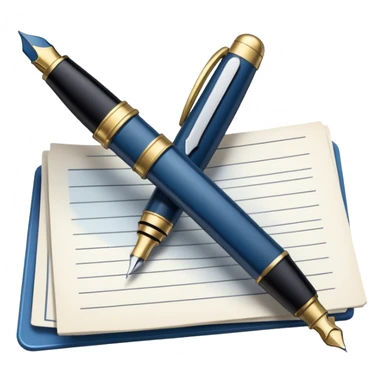 Create an emoji representing journalism and publicistic writing. The design should feature an open newspaper or a stack of articles with visible text columns, symbolizing opinion pieces and analysis. A classic fountain pen or ballpoint pen should be placed near the papers, indicating the act of writing. Optionally, include a small microphone or a press badge to emphasize investigative and journalistic aspects. Use neutral and professional colors like black, white, and muted blue or red. Do not include any emojis or smiley faces. Make the background transparent. sticker