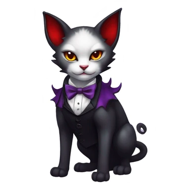 Cute-Evil-Vampiric-Batty-Cat-Black-Purple-Red-Yellow-Contrast-Colors-Fantasy-Fur-Sona-Chibi-Shiny-Fakémon-Hybrid with horns and big fangs neck bow white tie leg spats full body sticker