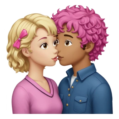 Blonde girl with a side part and pink hair clip kissing a brown curly haired boy sticker
