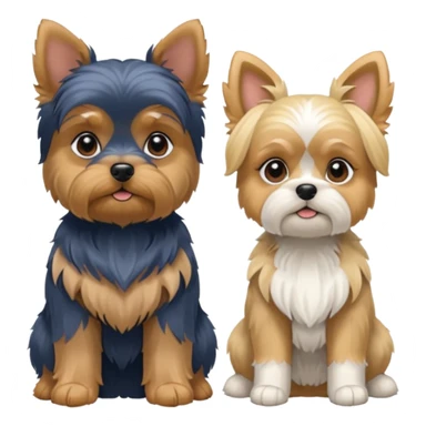 Generate a blue and tan purebred yorkie with a blonde shi tzu yorkie mix with floppy ears sitting next to each other. Make them the same soze sticker