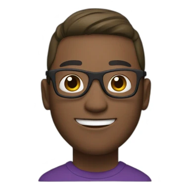 a smiling guy with purple glasses, a purple hoodie, black pants, brown and white shoes, a green cap surrounding his head (except his face) and   sticker