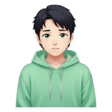Gorgeous pastel green sweater black hair anime style shojo guy with blushing face and, hoodie, aesthetic, young adult, trending style, outside, vedal987 sticker