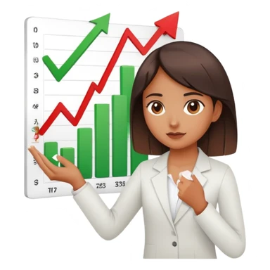 Girl holding chart with rising green graph line in right hand and holding another chart with falling red graph line in left hand sticker