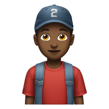 Head shot of African American Boy

Clothing: Wearing a red t-shirt with denim overalls, white sneakers, and a baseball cap turned backward sticker