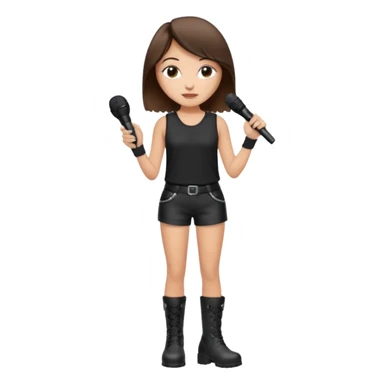 Crie uma cantora morena charmosa de shortes top e bota com microfone branca e cabelo preto Bota preta roupa preta sticker
