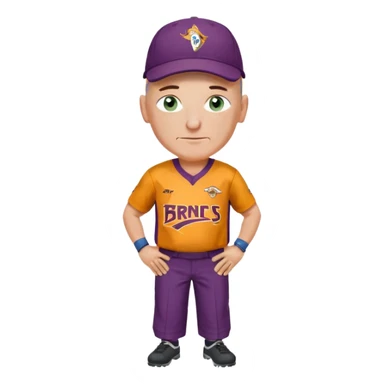 young-ish 50 year old man dressed in a brisbane broncos jersey, bald head, fair freckled skin, happy face, blueish green eyes, wearing brisbane broncos baseball style cap, picture should be down to waist, hands on hips in a player stance sticker