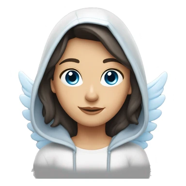 Caucasian dark haired female Angel with blue eyes and dimples wearing a hoodie with wings and a halo over her head sticker