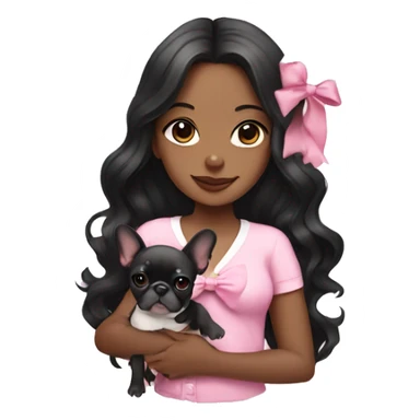  girl with long black wavy hair wearing a pink shirt holding a french bulldog wearing a white bow  sticker