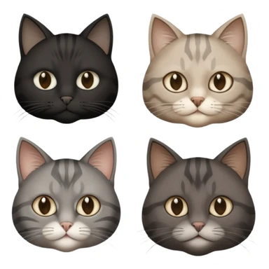 gatto nero con muso zona naso bianco (ricorda la maschera di batman), gatto siberiano grigio e beige mescolato, gatto grigio chiaro con qualche striatura grigio scura, gatto marrone con macchie beige sticker