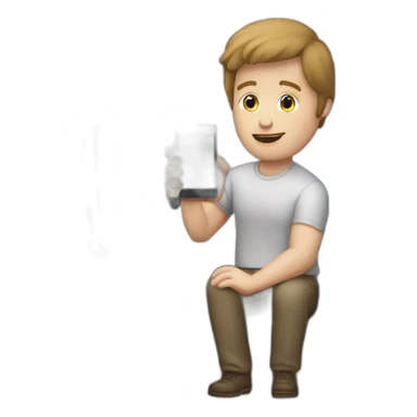 a man whit White skin looking a phone in front of a television sticker