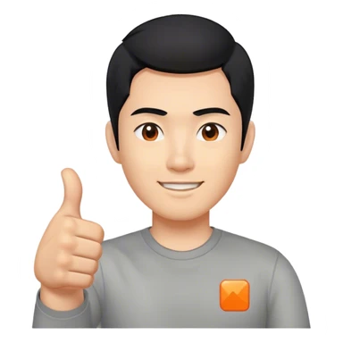 Thumbs up, but with black hair representing an asian man. Grey shirt, with a small orange square as a logo sticker