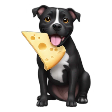 black staffie dog eating cheese sticker