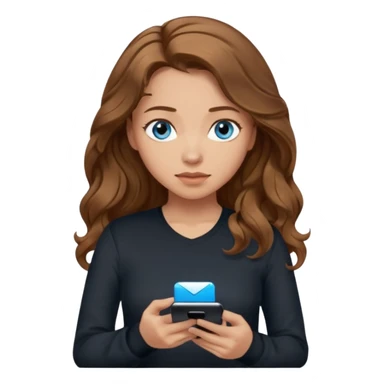 generate a pretty woman with blue eyes, light skin and medium brown long wavyshiny hair holding a phone she is looking at the phone while looking down at the screen. she is wearing an ALL black long sleeve sticker