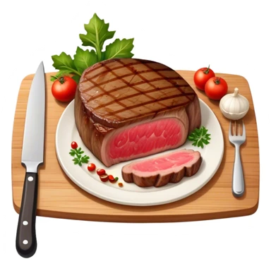 A photorealistic icon featuring a chef's hat, a cutting board with fresh ingredients, a knife, a plate with a well-plated dish, and a beautiful ribeye beef steak. Bright, detailed design with realistic textures and lighting. Transparent background, clearly symbolizing cooking and culinary arts. sticker