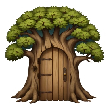 large and old dark oak tree with door sticker