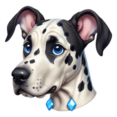Cinematic Cute Harlequin Great Dane Portrait Emoji, Head tilted playfully and inquisitively, featuring a glossy coat of predominantly white with dynamic black patches, round, sparkling blue eyes filled with gentle curiosity, Simplified yet irresistibly adorable features, highly detailed, glowing with a warm, friendly glow, high shine, affectionate and gentle, stylized with a touch of whimsy, bright and endearing, soft glowing outline, capturing the essence of a mischievous yet loving pup, so playful it feels like it could lumber out of the screen and into your arms! sticker