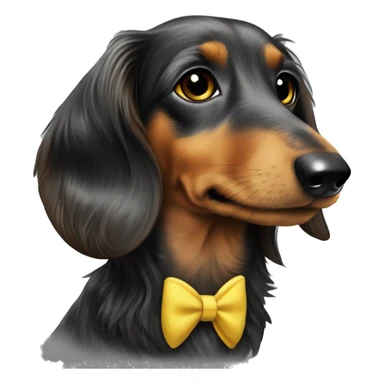 Black long haired dapple dachshund in a yellow suit sticker