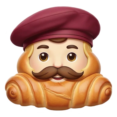 A buttery croissant with a mustache and a maroon Berret  sticker