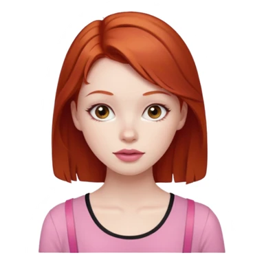 Redhead girl with deep brown eyes, pale skin with light red lips wearing a pink strap shirt sticker