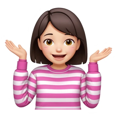 Emoji of a cute 3D girl with short dark brown bob hairstyle, wearing a pink and white striped sweatshirt. She is laughing uncontrollably, tears of joy, white background sticker