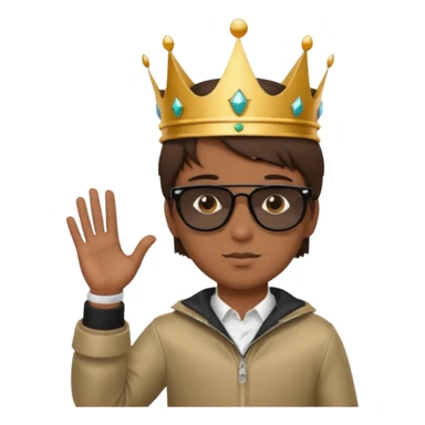 Un niño con cabello lacio no muy largo color marrón castaño,ojos marrones,piel no muy blanca, que tenga lentes de sol color negro,reloj en la mano derecha y una corona como sombrero sticker
