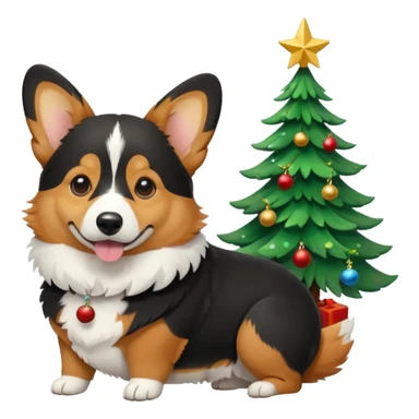 black tricolor corgi with no tail and christmas tree next to it sticker