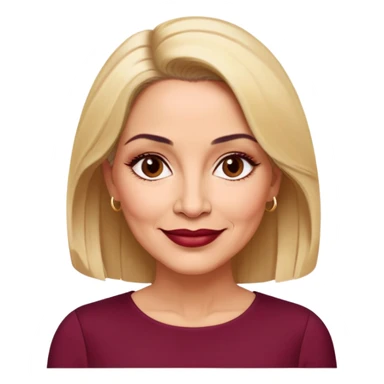 Puerto Rican actress Linette Torres in her 50s with warm light skin, mature elegant features, some fine lines, expressive eyes, well-defined eyebrows, straight nose, friendly smile, shoulder-length blonde hair, wearing a fashionable burgundy top sticker