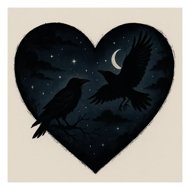 emo heart with night sky and dark ravens sticker