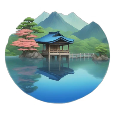 Small Japanese house with a blue tiled roof and a torii gate on an island a lake sticker