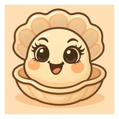 Enhance the eyes to be even more expressive, black, luminous with elegant lashes. Accentuate pastel, pearly, cream, peach, and greige nuances more. Keep the large shell and small oyster. Maintain the pastel toon style, background, and mischievous expression. sticker