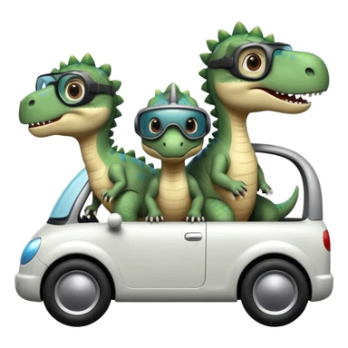 Tres dinosaurios bebés grises cada uno subido en un carro tecnológico blanco con lentes de realidad virtual sticker