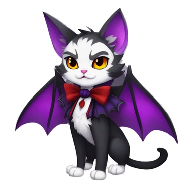 Anthro-Cute-Edgy-Vampiric-Batty-Cat-Black-Purple-Red-Grey-White-Yellow-Contrast-Colors-Fantasy-Fur-Sona-Chibi-Shiny-Fakémon-Hybrid with horns and big fangs collar bow ties leg spats full body sticker