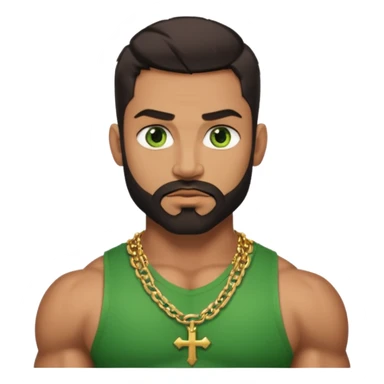 green eyes, dark short hair, muscular shoulders, wide cross, gold chain, big lips big nose big eyes, masculine good looking, dark beard sticker