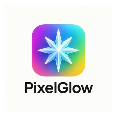 Minimal, modern logo for PixelGlow: rounded square, vibrant multi-color gradient with prism/aurora effect in purple, blue, cyan, green, and orange. Central geometric 8-point starburst, crystal-shard style, with soft glowing edges and a slight shadow. Clean, scalable, tech-savvy, playful, and magical. White background to make icon pop. sticker