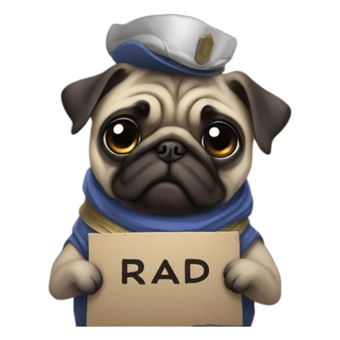anime pug holding a sign that reads "RAID" in all caps sticker