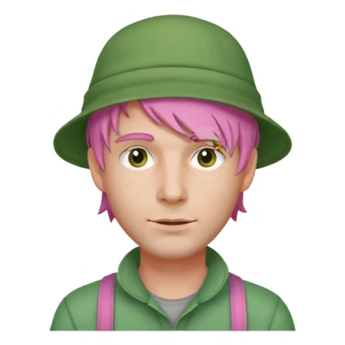 pink haired man with full full face green clay mask and a hat sticker