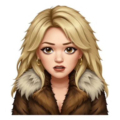Cinematic realistic ultra HD angry, glamorous extremely made up Hilary Duff extremely long long hair in shaggy fur coat with bronze flash sticker