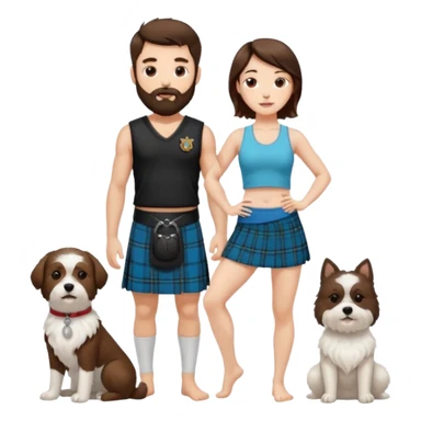 emoji of brunette man with beard wearing kilt, brunette woman in yoga outfit and white fluffy dog sticker