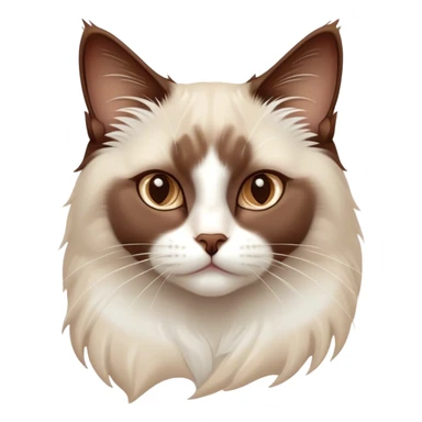 Cinematic Chocolate-Point Ragdoll Cat Portrait Emoji, Elegant and alert, sleek brown and white tones with a distinct white nose, Simplified yet sharp features, highly detailed, glowing with a warm, confident glow, high shine, intelligent and poised, stylized with an air of grace, focused and attentive, soft glowing outline, capturing the essence of calmness and elegance, so lifelike it feels as though it could spring into motion with a gentle, poised presence at any moment! sticker